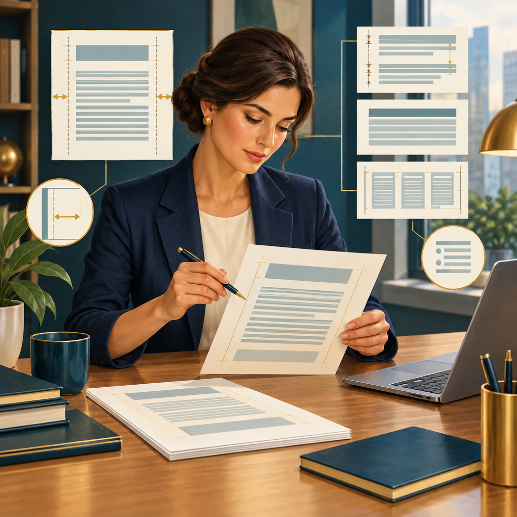 Professional refining the layout of formal business documents at a desk