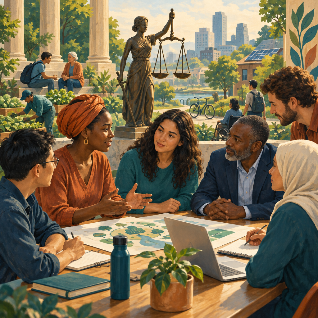 Diverse people collaborating respectfully in a civic setting with symbols of fairness