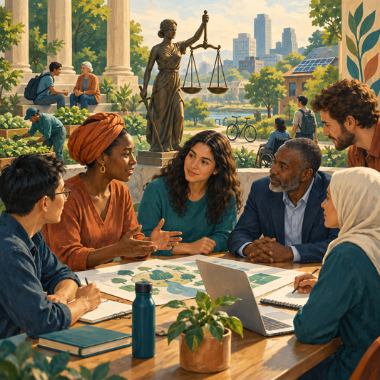 Diverse people collaborating respectfully in a civic setting with symbols of fairness