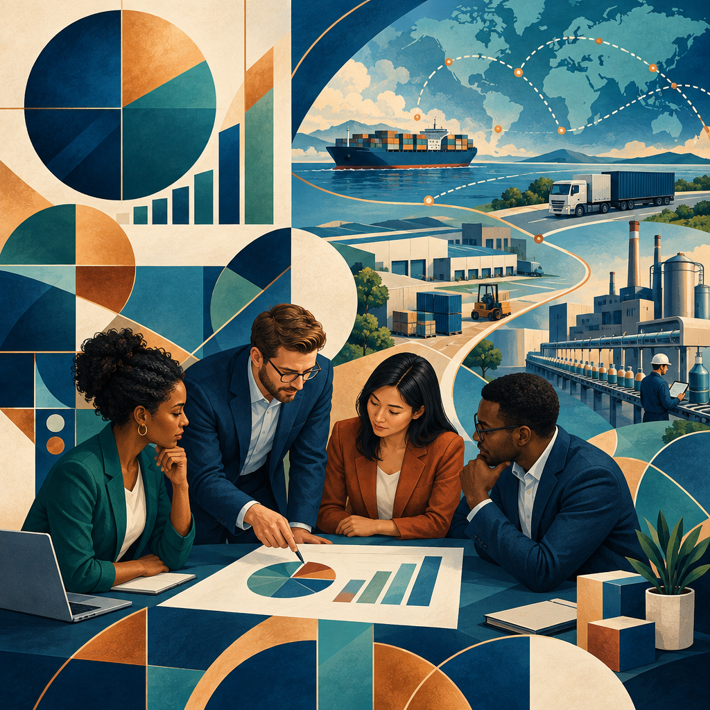 Balanced geometric proportions and business planning with professionals in a modern setting