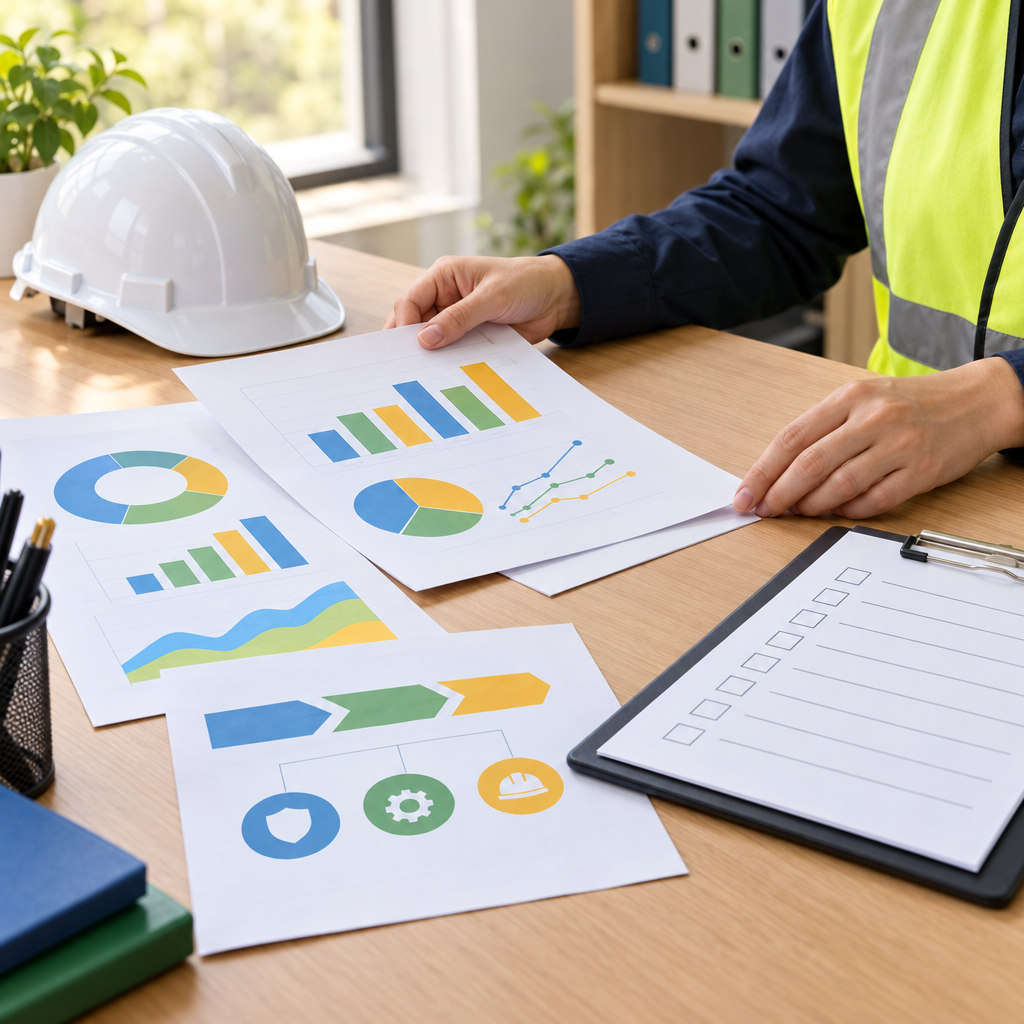Safety professional organizing chart documents and an inspection clipboard on a desk
