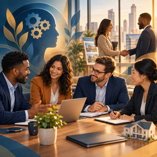Professionals collaborating in a modern office with a symbolic psychology motif, no text