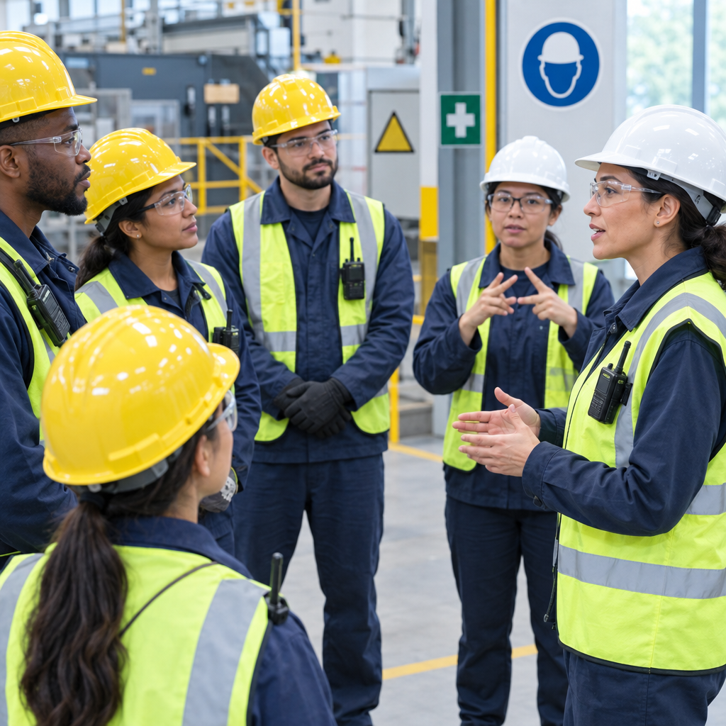 Workplace safety trainer communicating with workers, including a worker using sign language