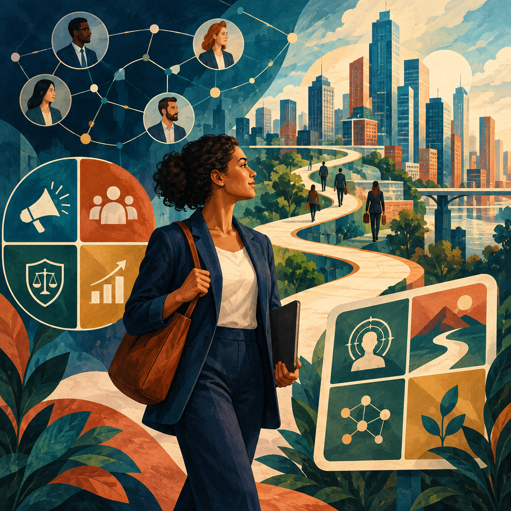Professional navigating career opportunities with abstract marketing and planning motifs