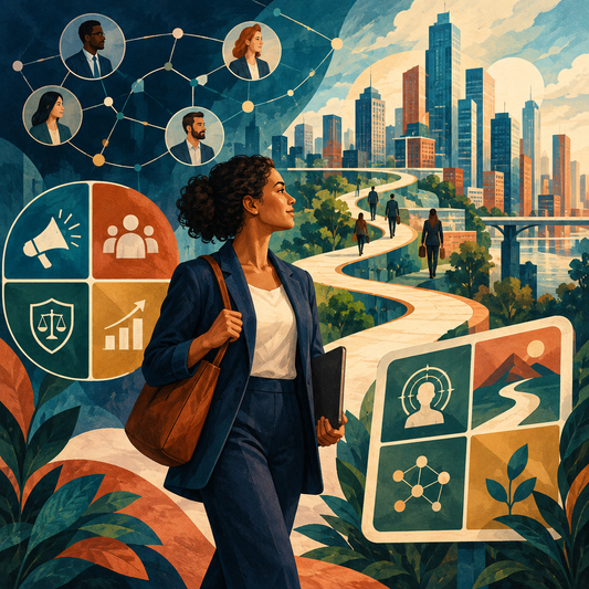 Professional navigating career opportunities with abstract marketing and planning motifs