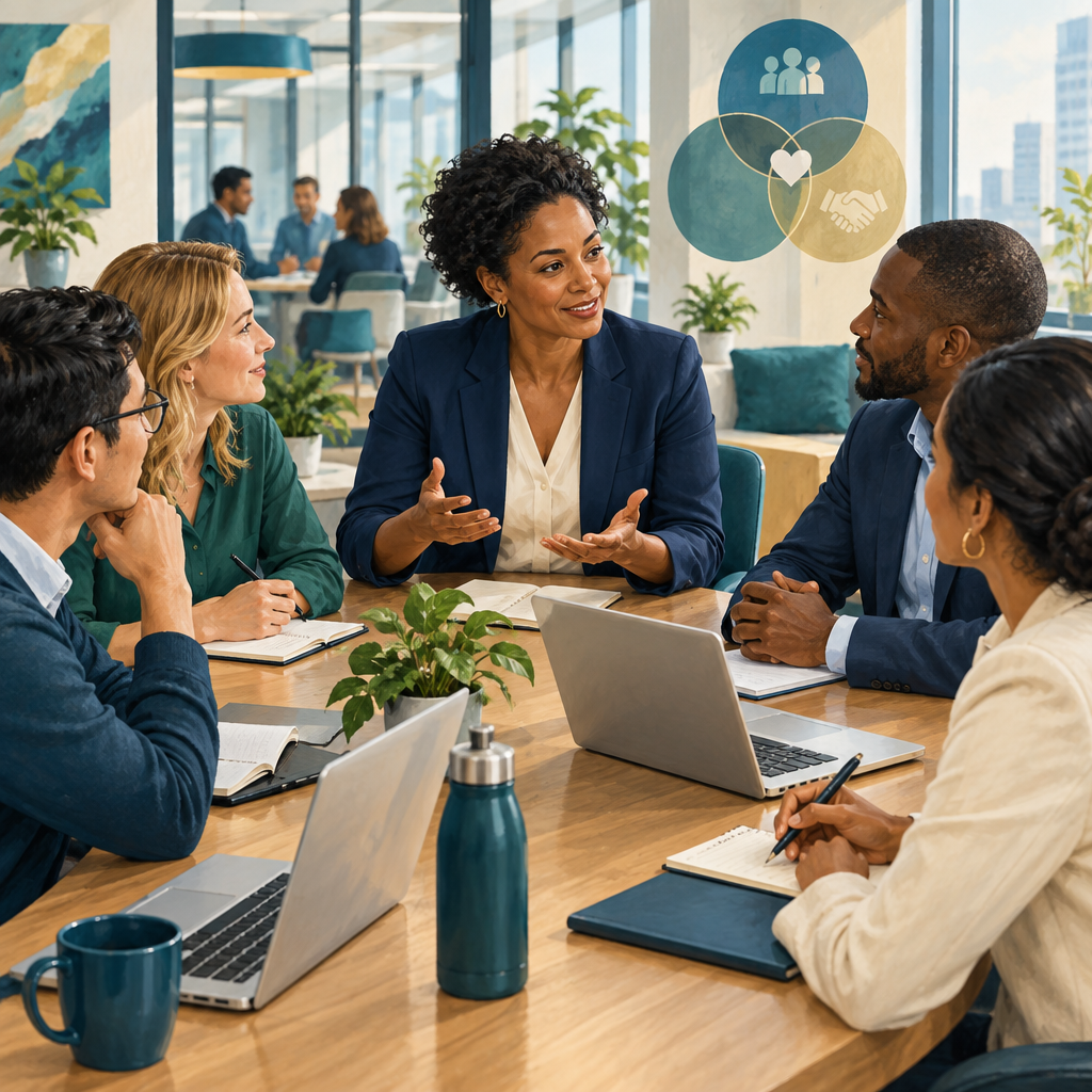 Diverse office colleagues listening and collaborating around a meeting table