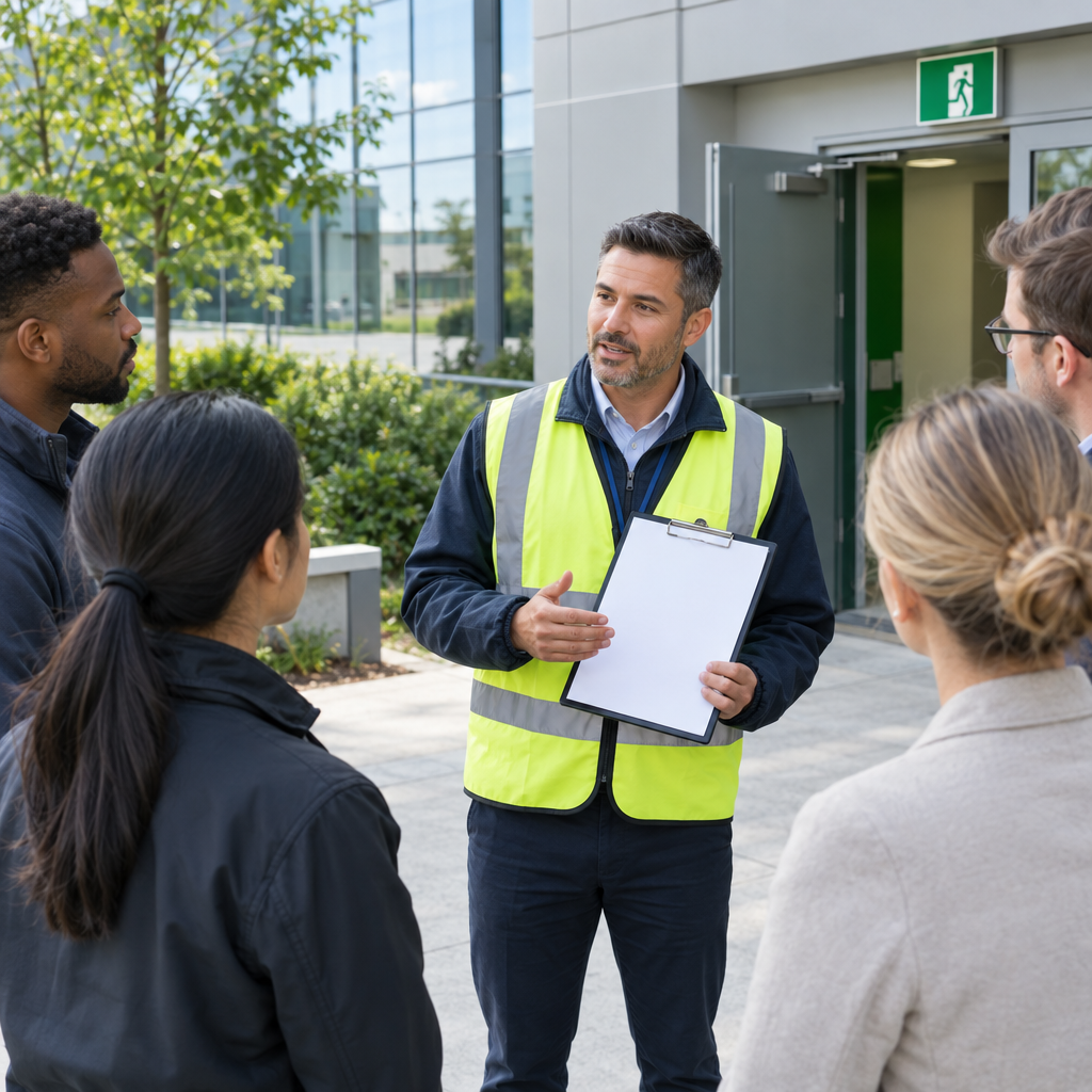 Safety technician leading a fire evacuation drill review at an outdoor assembly point
