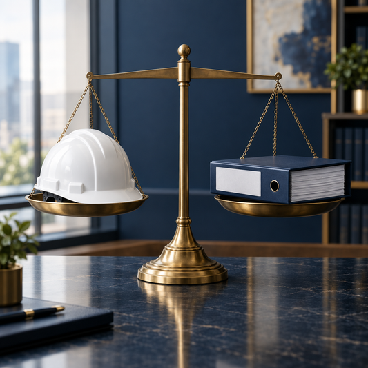 Brass balance scale with a safety helmet and blank compliance binder in an office setting