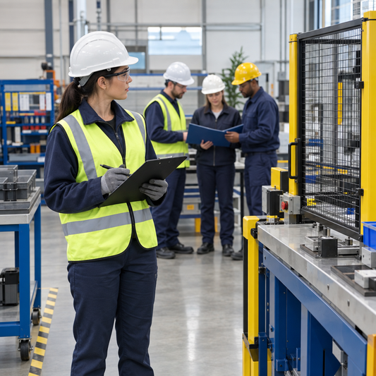 Safety officer inspecting a clean industrial work area as part of accident prevention and risk management