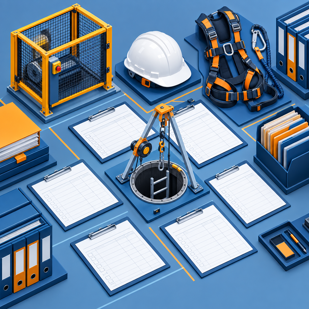 Isometric illustration of safety compliance records, a machine guard, PPE, and audit equipment