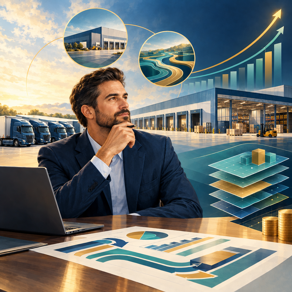 Logistics manager evaluating fleet investments and financial growth scenarios