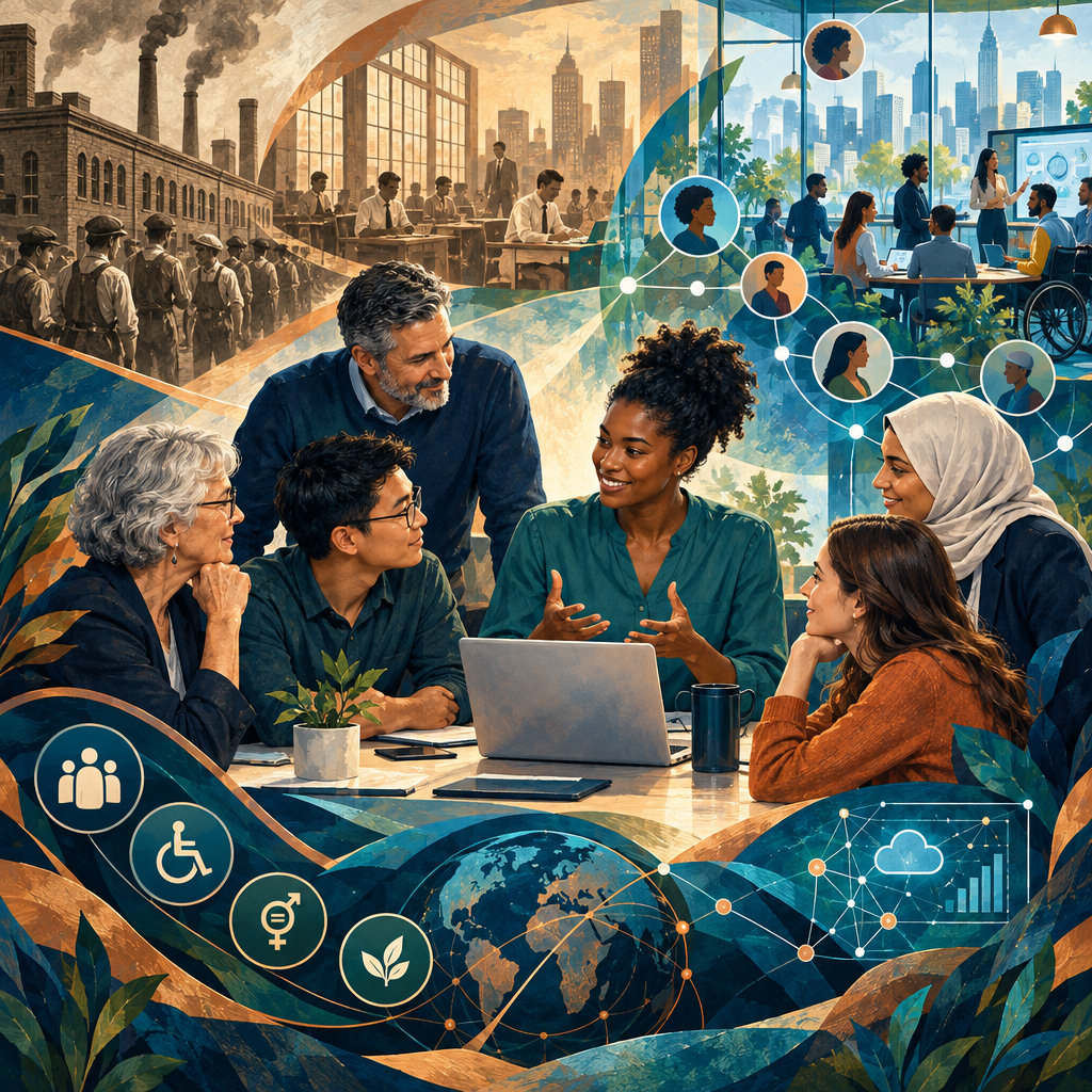 Diverse professionals across generations in an evolving human-centered workplace