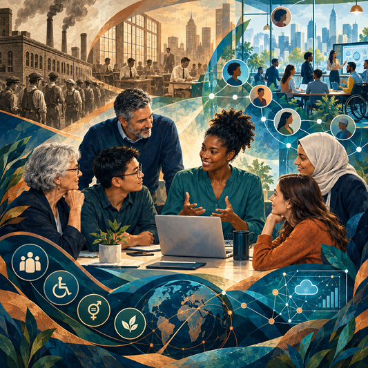 Diverse professionals across generations in an evolving human-centered workplace