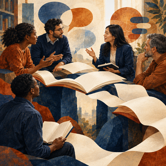 Professionals discussing ideas across a bridge of open books and blank paper