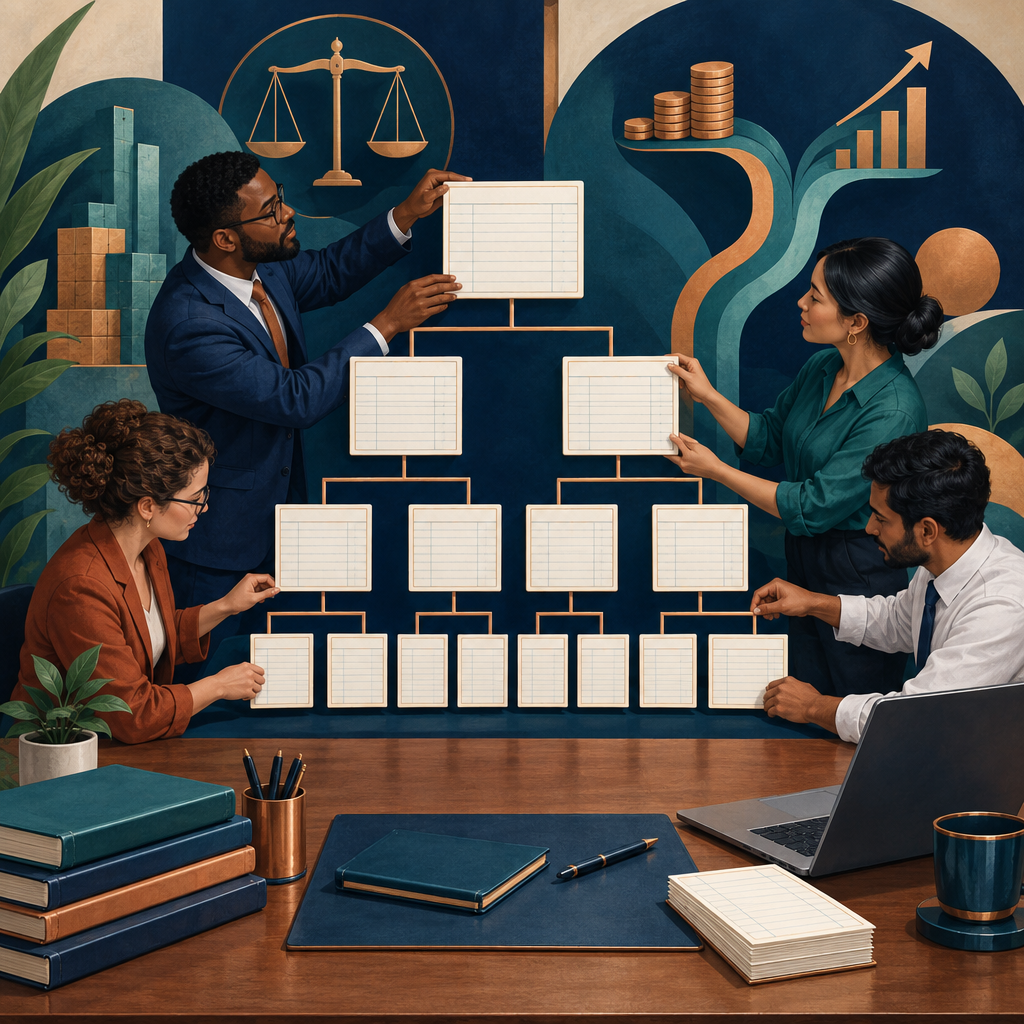 Accounting professionals organizing blank ledger cards into a hierarchical chart