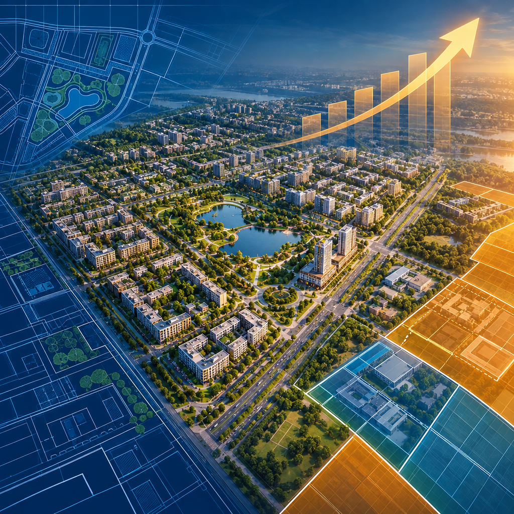 An aerial view of a planned city district with zoning grid and blueprint overlay motifs, no text