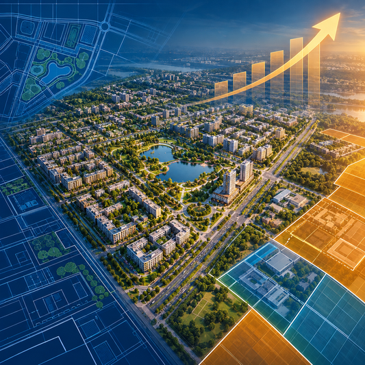 An aerial view of a planned city district with zoning grid and blueprint overlay motifs, no text