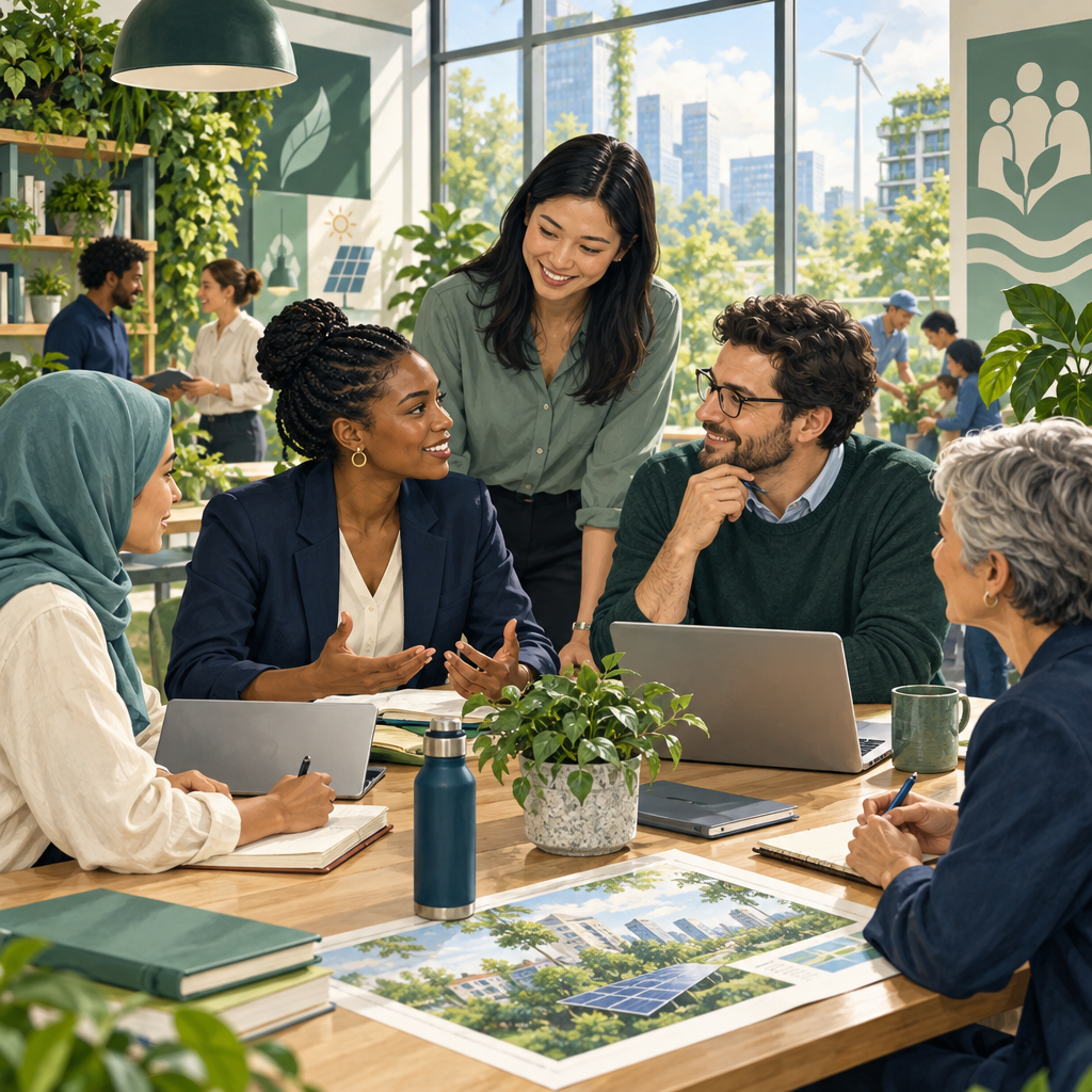 Professionals collaborating ethically in a sustainable modern workplace
