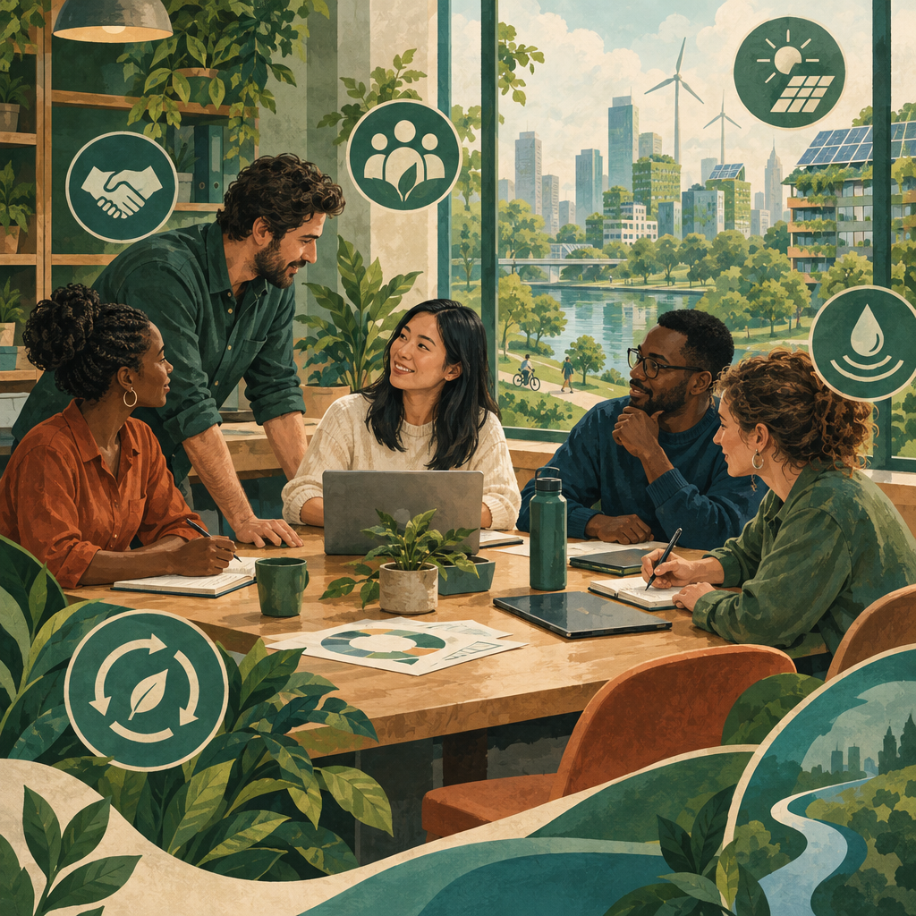 Professionals collaborating in a sustainable workplace with greenery and clean energy motifs