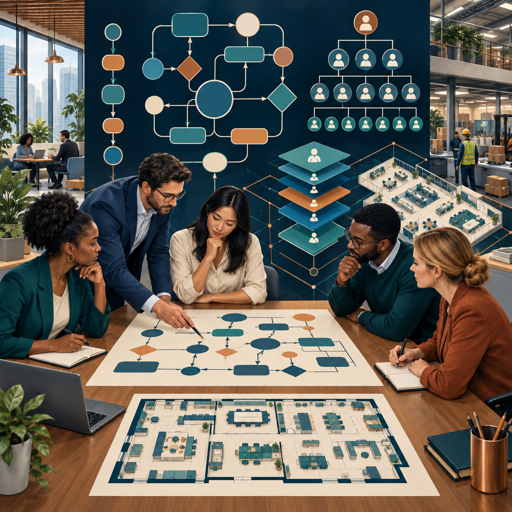 Professionals examining abstract process flows and organizational layers