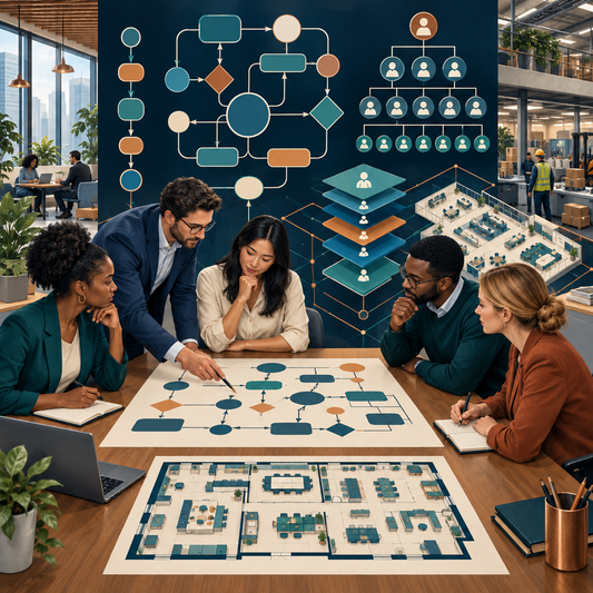 Professionals examining abstract process flows and organizational layers