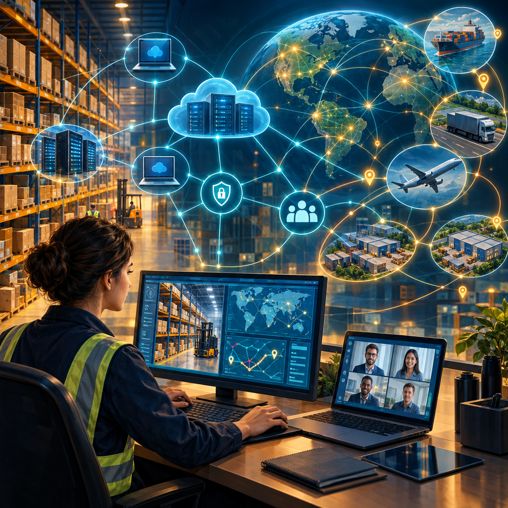 Connected computers and logistics networks in a modern warehouse