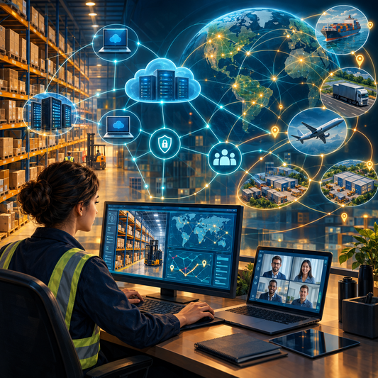 Connected computers and logistics networks in a modern warehouse