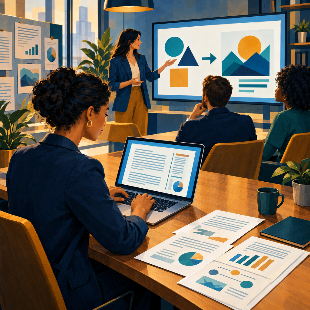 Professional preparing documents and presenting visual ideas to colleagues