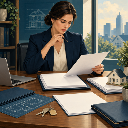 Professional reviewing real estate contracts and blank property documents
