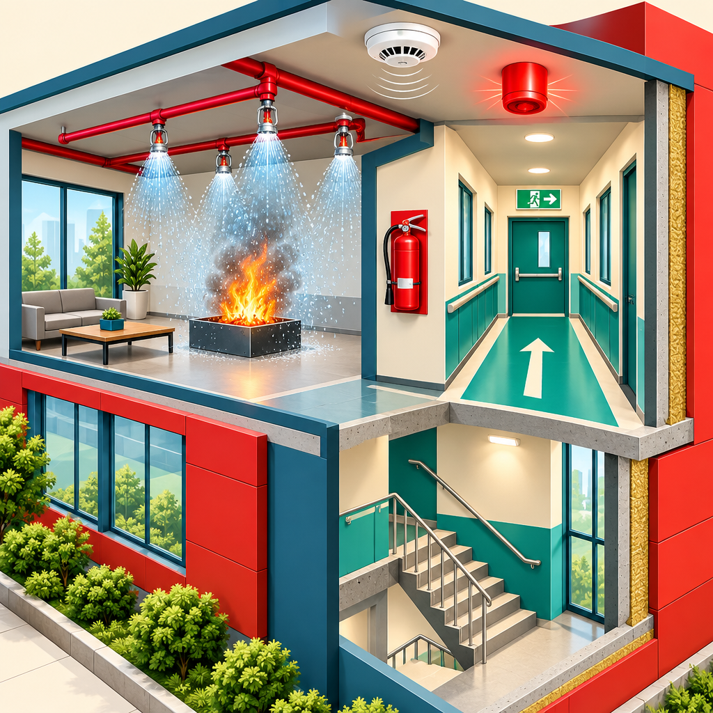 Isometric illustration of fire prevention equipment and a safe evacuation route in a building