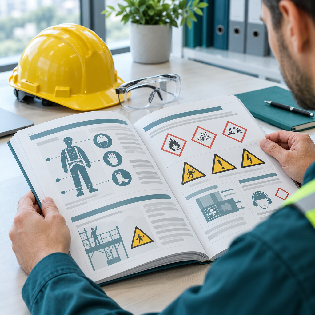 Safety technician reviewing an illustrated technical manual beside a hard hat