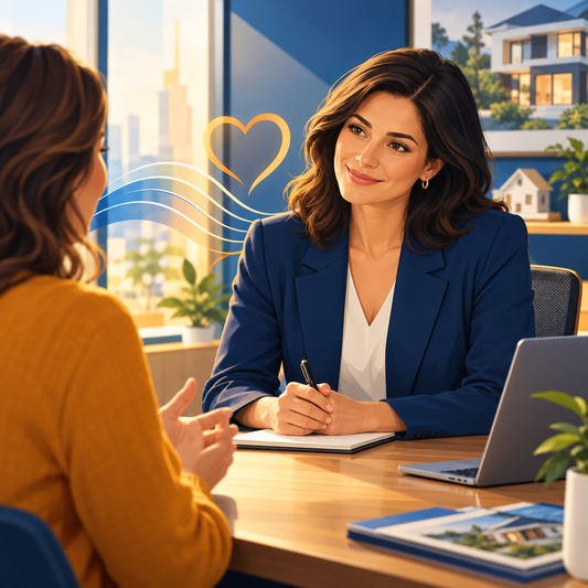 An attentive agent listening empathetically to a client in a modern office, with subtle heart and speech wave motifs, no text