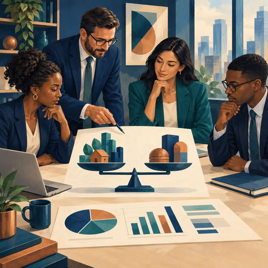 Accounting professionals analyzing balanced financial information and an unmarked report