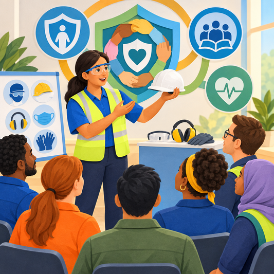 Illustration of a safety instructor demonstrating protective equipment to workers in a bright training room
