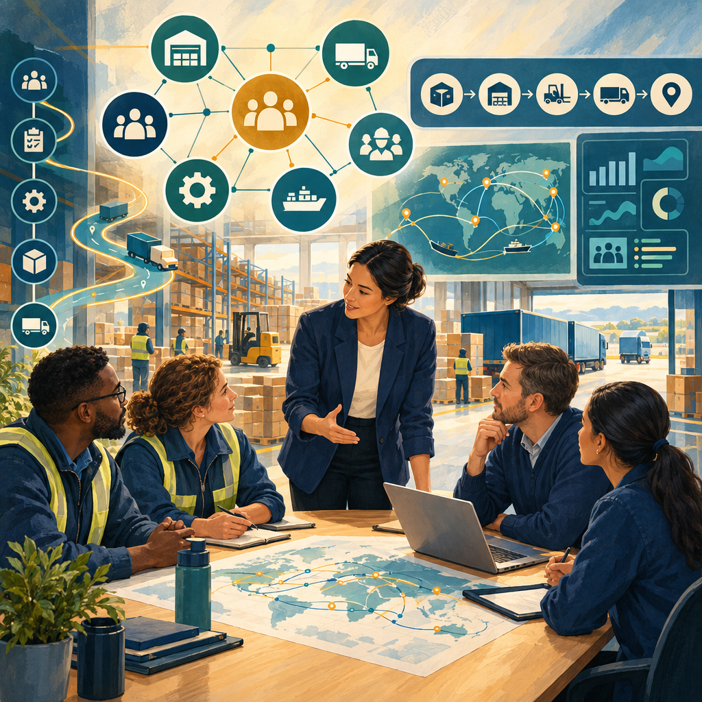 Logistics leadership team connecting people and operational processes in a warehouse