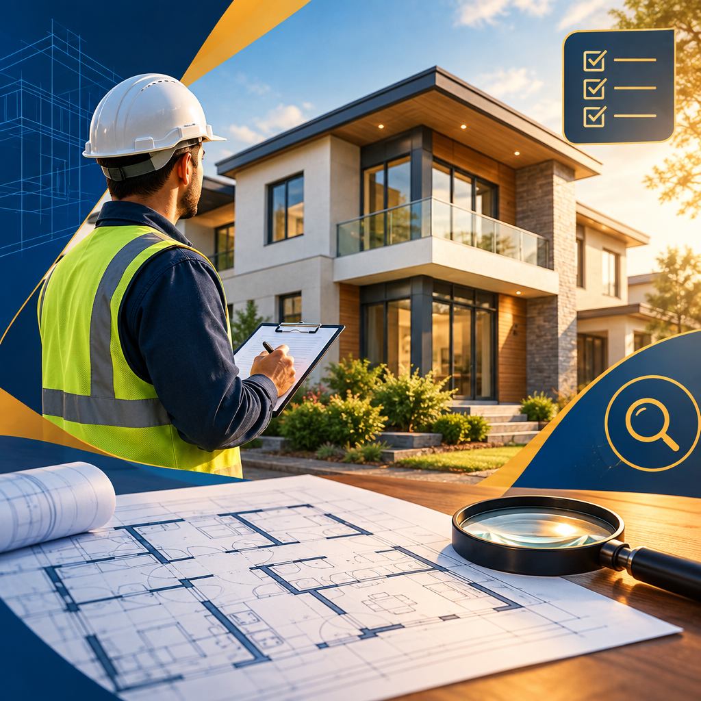 An inspector reviewing a modern residential building with floor plans, a magnifier, and checklist motifs, no text