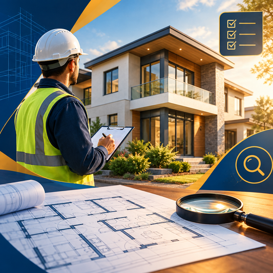 An inspector reviewing a modern residential building with floor plans, a magnifier, and checklist motifs, no text