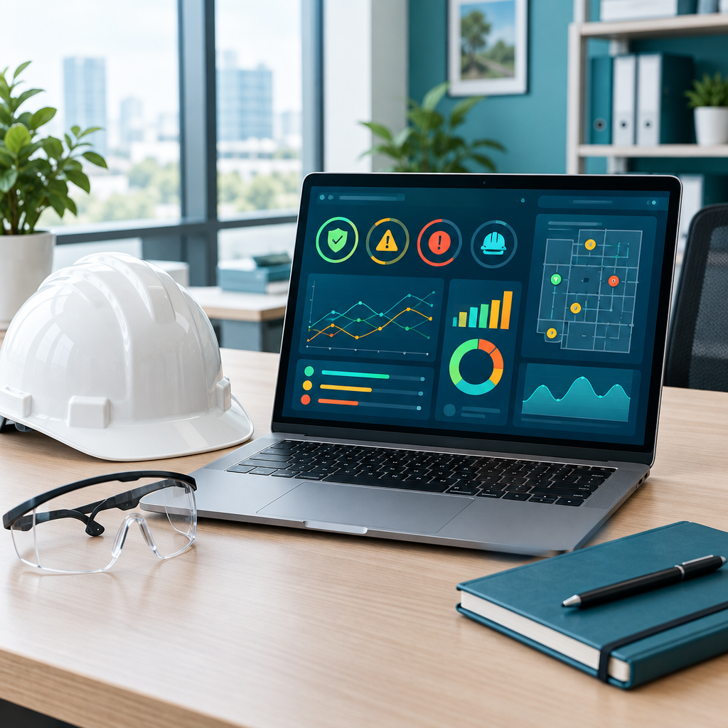 Laptop and occupational safety equipment arranged on a modern work desk
