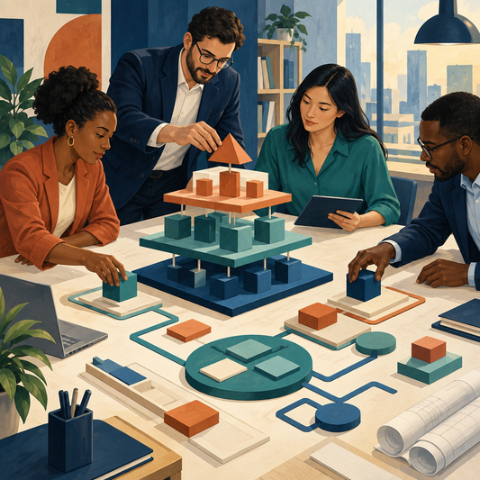 Professionals organizing abstract business structures and efficient workflows