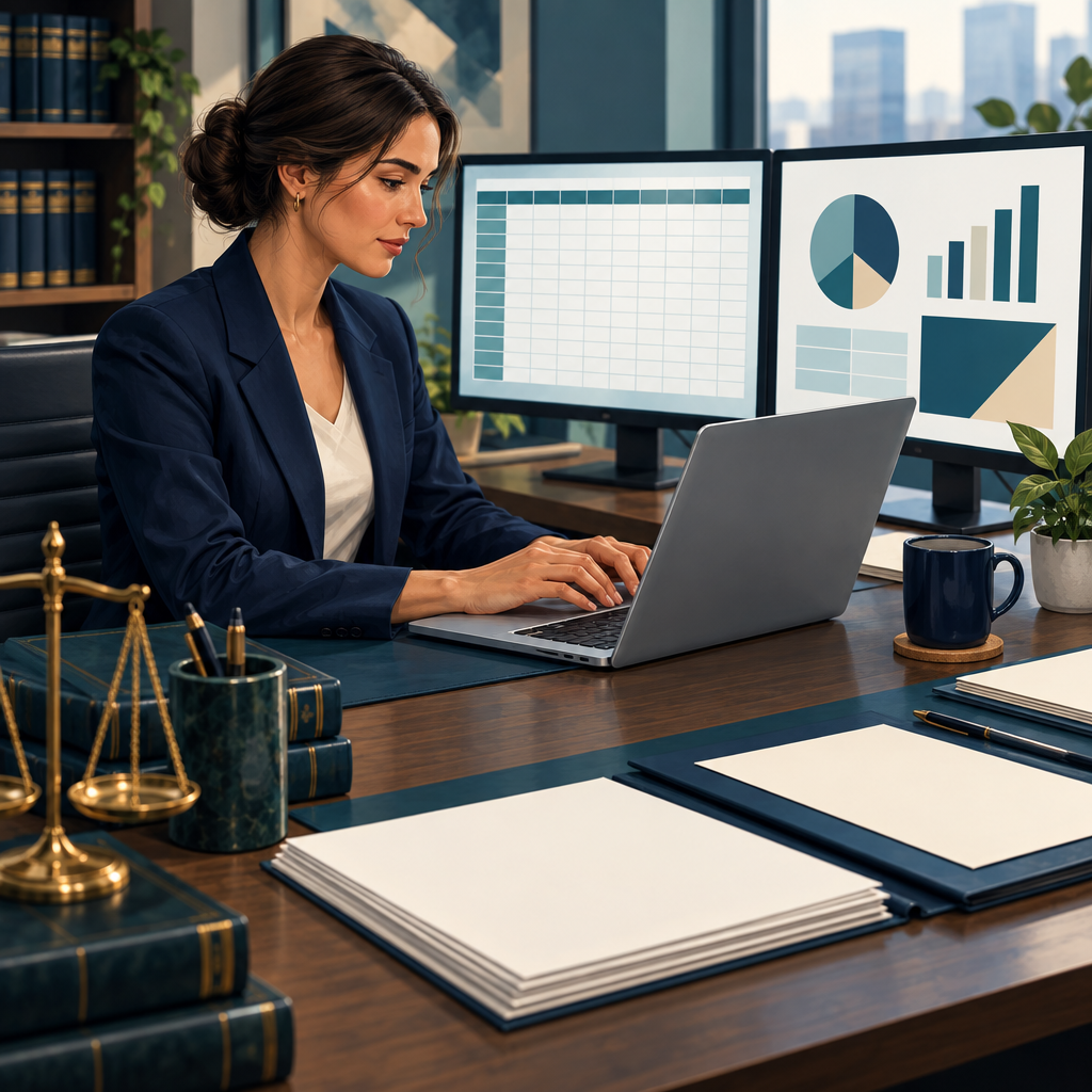Legal professional organizing digital documents, spreadsheet data and presentation visuals