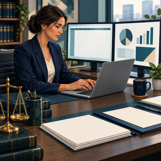 Legal professional organizing digital documents, spreadsheet data and presentation visuals
