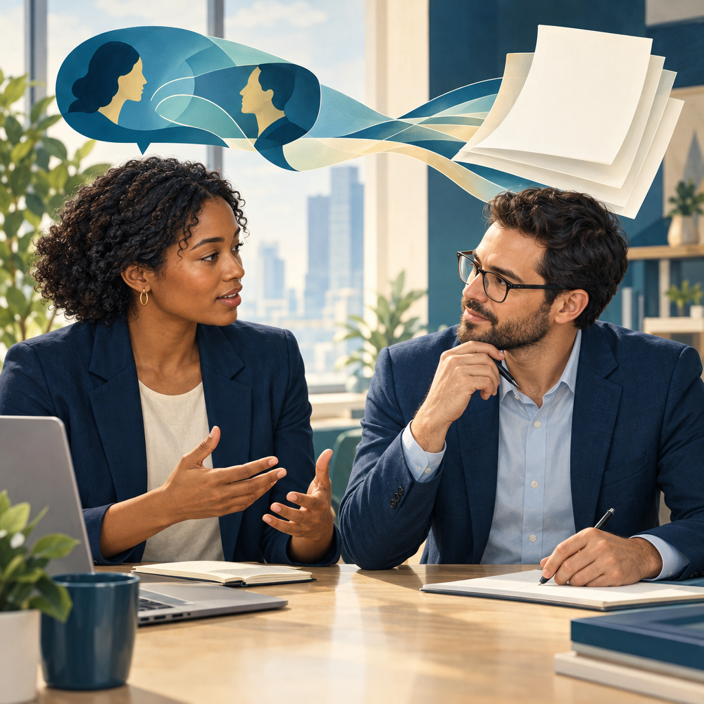 Professional discussing ideas and preparing business documents in a modern office