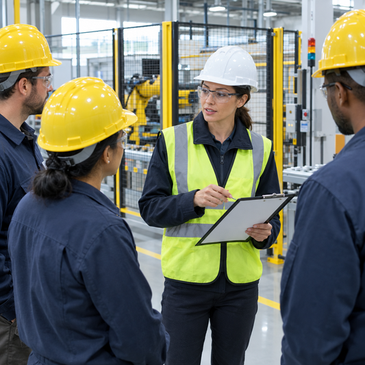 Occupational safety professional reviewing workplace risks with a team in a safe industrial setting