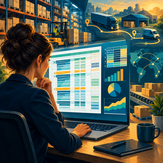 Analyst using abstract spreadsheet grids and charts to understand logistics operations