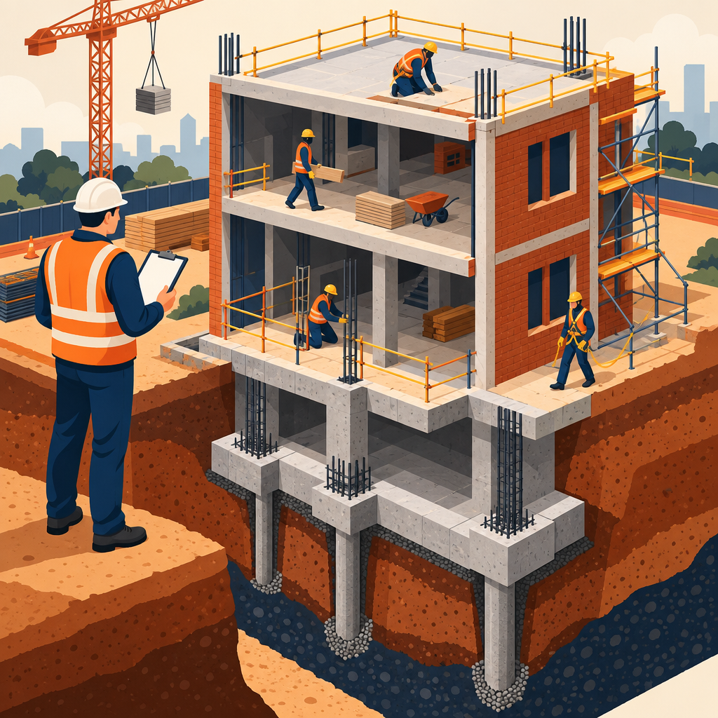 Illustration of a safe construction site with a visible foundation and a safety inspector reviewing procedures