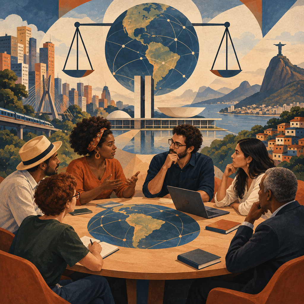 Diverse people discussing society and politics around a table in a contemporary urban setting