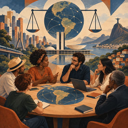 Diverse people discussing society and politics around a table in a contemporary urban setting