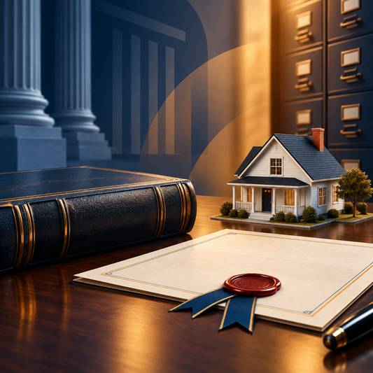 A legal book, an official sealed document, and a model house in a registry office atmosphere, no text
