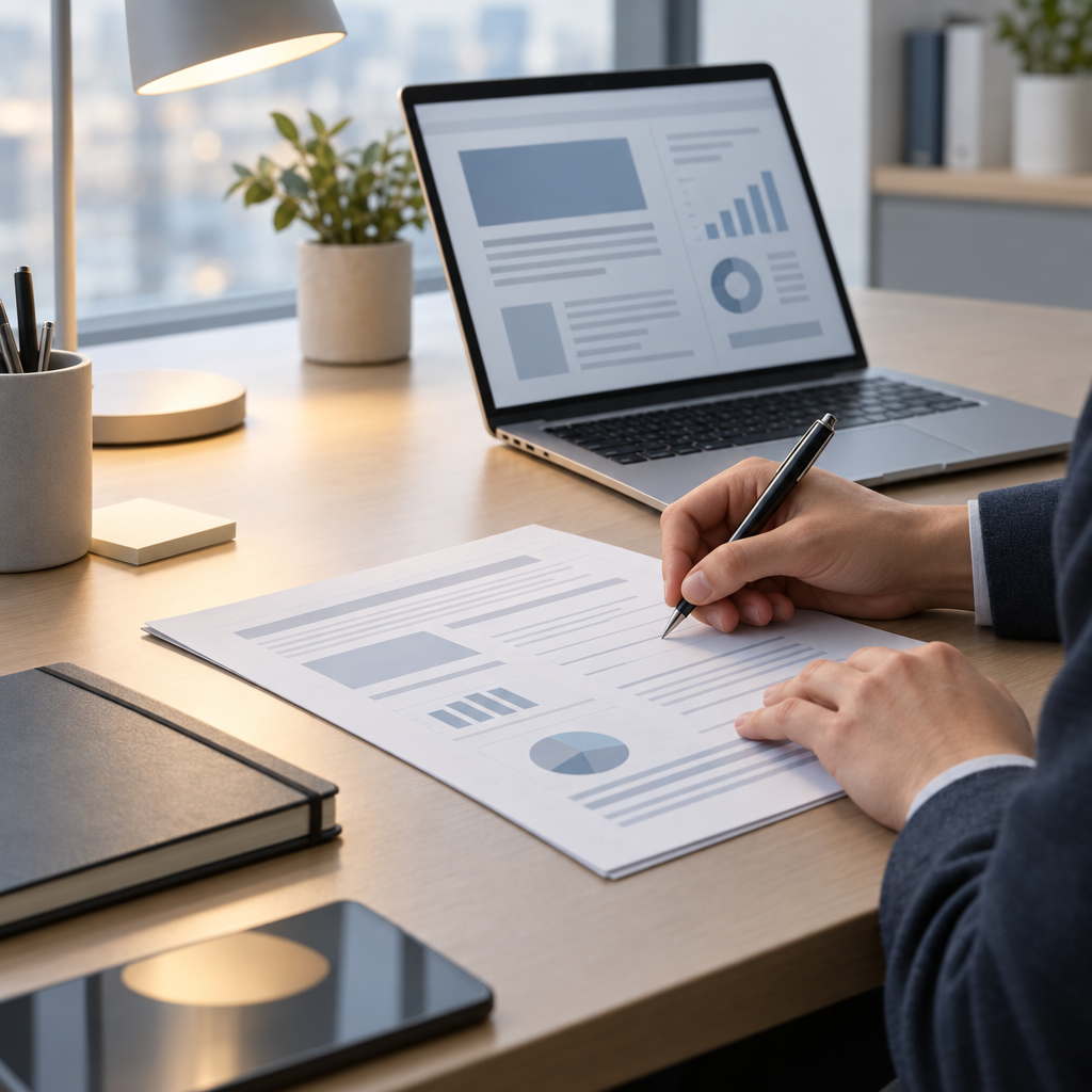 Professional drafting a technical report at an office desk beside a laptop