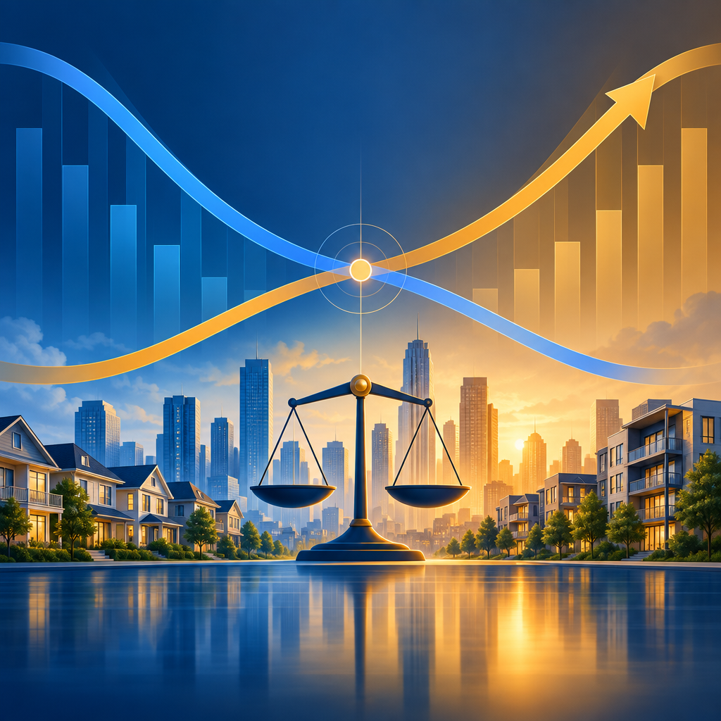 Abstract supply and demand curves converging in balance over a city skyline with a scale motif, no text